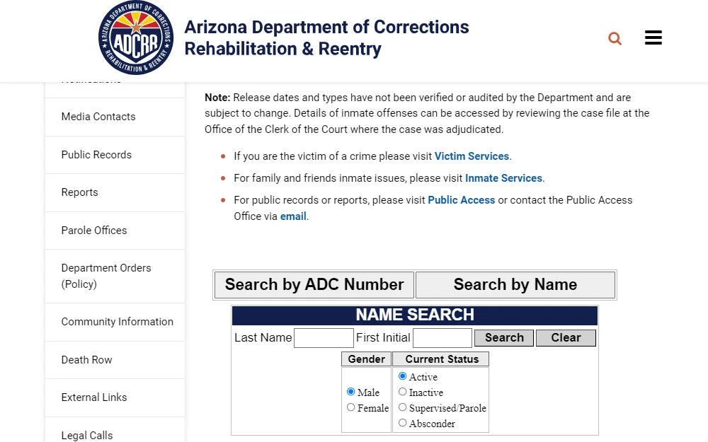 A screenshot of the Arizona Department of Corrections Rehabilitation & Reentry inmate search shows the ADC number and name options, including the department's logo and a search note.