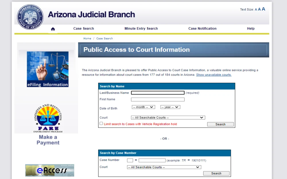 A screenshot of the Public Access to Court Information from the Arizona Judicial Branch page shows two options for an offender search: Search by Name and Search by Case Number, including the branch's logo at the top left corner.