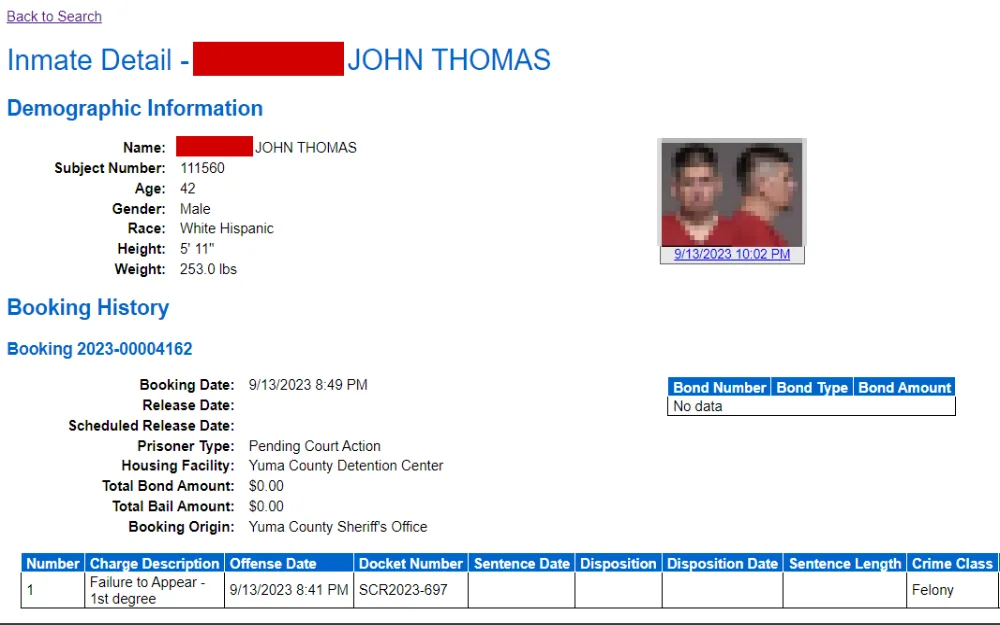 A screenshot of the result from an inmate search on the Yuma County Detention Center Inmate Web Portal shows personal details, mugshots and booking history.