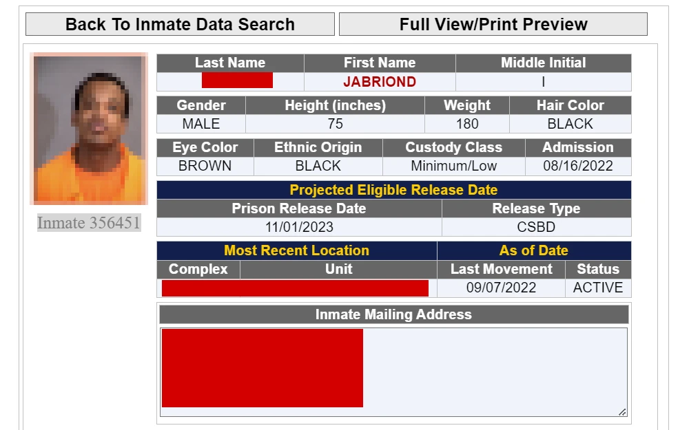 A screenshot shows the inmate's details, including mugshot, personal info, admission date, projected release date, most recent location and inmate mailing address.