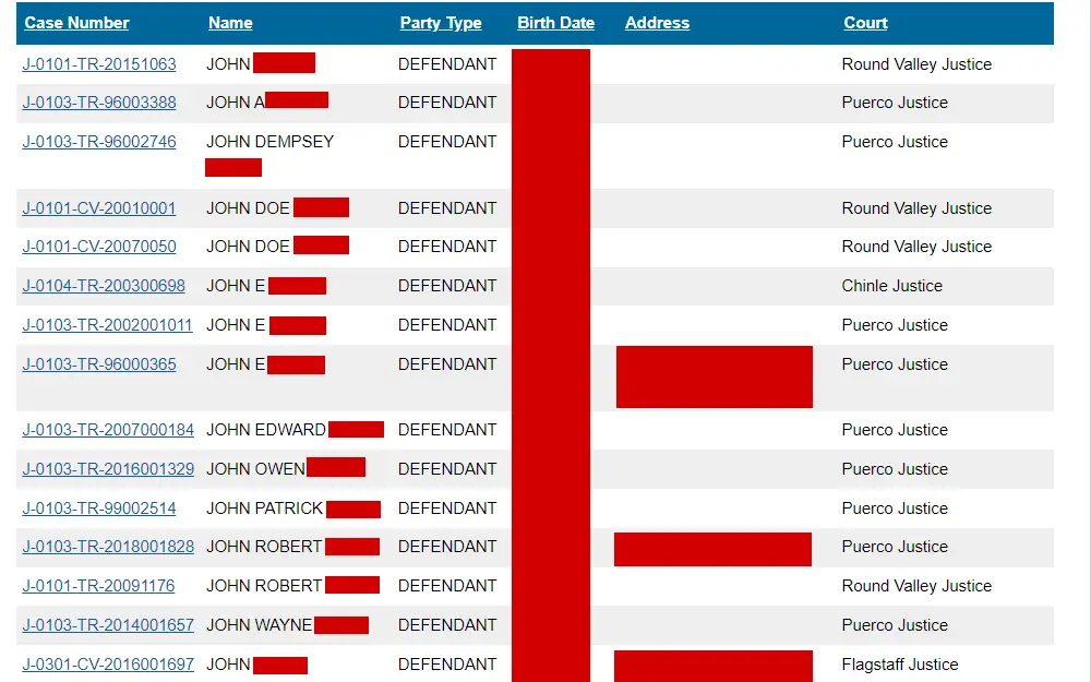 A screenshot of the result from the Arizona Judicial Branch case search page shows the list of cases with the subject's full names, party type, BOD address and Court.