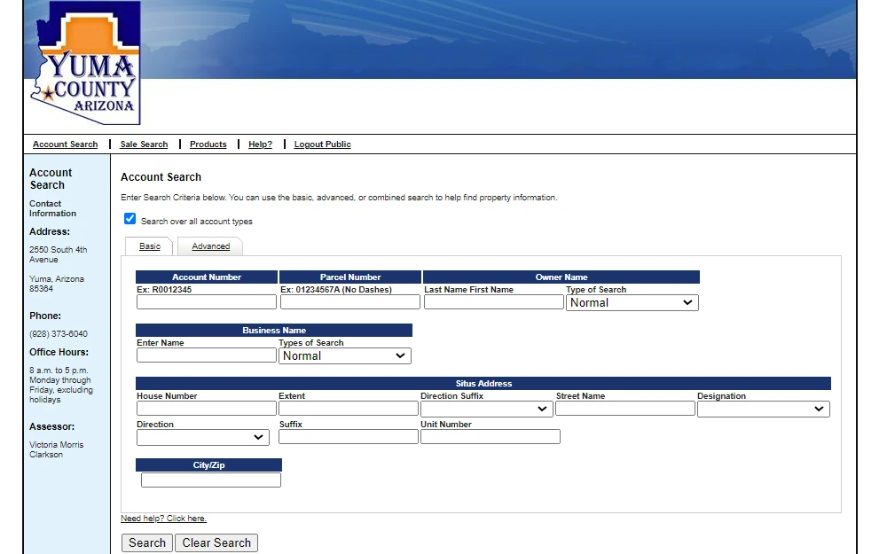 A screenshot of the Yuma County Assessor's Office account search page shows the basic information fields needed to search for a property details, including Yuma County's outlined map at the top left corner.