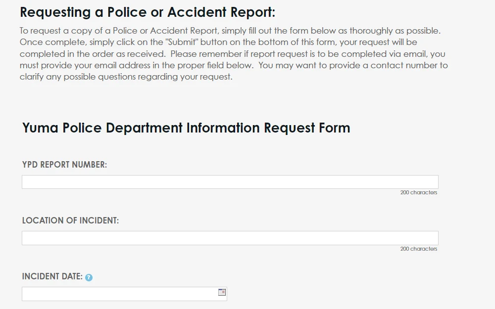 An image shows the Yuma County Police Department Information Request Form with the needed fields such as YPD report number, location of incident date, etc., including instructions for police or accident report requests.