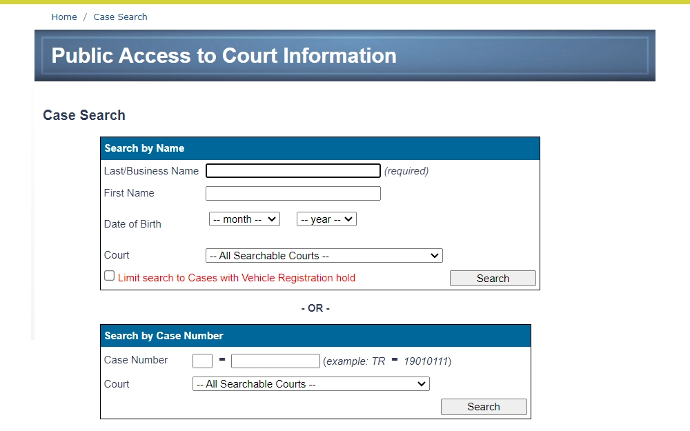 A screenshot of the Public Access to Court Information page from the Arizona Judicial Branch shows two options for an offender search: by name and case number.