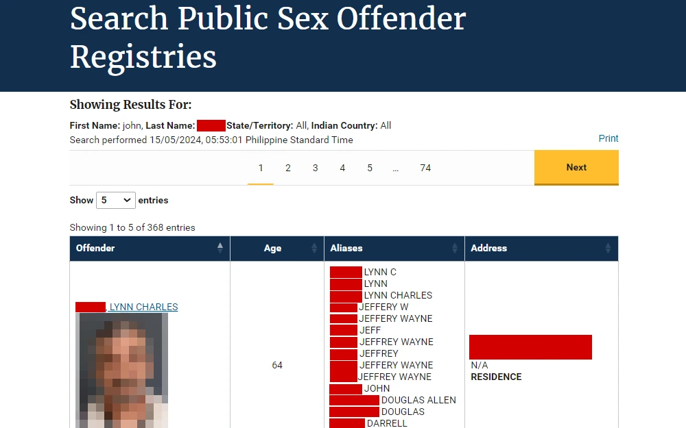 A screenshot of the sex offender search results from the National Sex Offender Public Website maintained by the Department of Justice displays the individual's mugshot, name, age, aliases, and address.